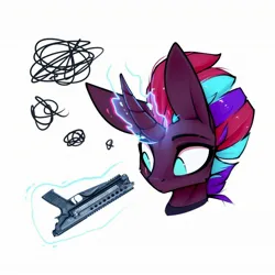 Size: 2160x2160 | Tagged: safe, artist:justafallingstar, derpibooru import, oc, oc:tempest revenant, unofficial characters only, pony, unicorn, bust, chromatic aberration, clothes, cute, female, gun, horn, image, jpeg, magic, mare, scar, simple background, solo, telekinesis, this will end in death, this will end in tears, this will end in tears and/or death, too dumb to live, weapon, white background