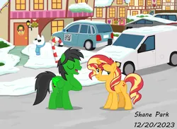 Size: 7751x5671 | Tagged: safe, artist:creedyboy124, derpibooru import, sunset shimmer, oc, oc:star armour, pegasus, pony, unicorn, candy, candy cane, car, female, food, g4, holiday, image, male, png, snow, snowpony, solo, suv, van, wreath