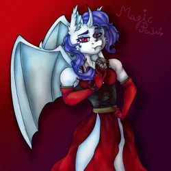 Size: 828x828 | Tagged: suggestive, artist:magicpawmlp, derpibooru import, rarity, anthro, bat pony, vampire, bat ponified, blood, clothes, corset, cup, evening gloves, fangs, gloves, hand on hip, image, jpeg, long gloves, race swap, raribat, red dress, red eyes