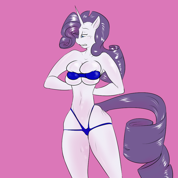 Size: 1200x1200 | Tagged: suggestive, artist:jupiter_jyohti, derpibooru import, part of a set, rarity, anthro, unicorn, big breasts, bra, breast expansion, breast overpour, breasts, clothes, female, g4, grimace, growth, hands behind back, horn, image, looking down, panties, part of a series, png, purple background, simple background, skindentation, solo, solo female, tail, thighs, underwear