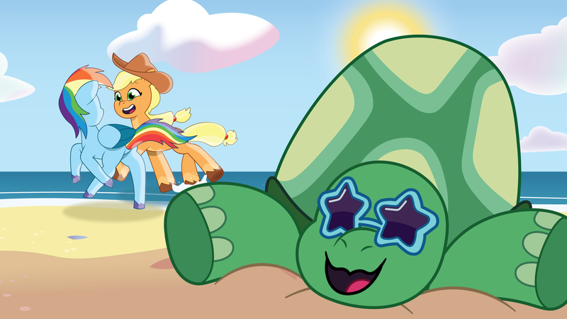 Size: 2400x1350 | Tagged: safe, artist:prixy05, derpibooru import, applejack, rainbow dash, tank, earth pony, pegasus, pony, tortoise, g5, my little pony: tell your tale, beach, character swap, female, g4, g4 to g5, generation leap, hot day huh?, i can't believe it's not hasbro studios, image, male, mare, open mouth, png, sunglasses, trio