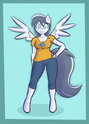 Size: 942x1314 | Tagged: safe, artist:funble, derpibooru import, oc, unofficial characters only, anthro, pegasus, unguligrade anthro, breasts, cleavage, clothes, eyelashes, feathered wings, female, female oc, gray coat, green eyes, grey hair, hand on hip, hips, image, looking at you, no pupils, pants, pegasus oc, pegasus wings, png, shirt, short pants, simple background, smiling, smiling at you, solo, spread wings, t-shirt, tail, thighs, wings