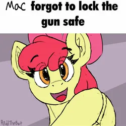 Size: 1539x1542 | Tagged: safe, artist:reddthebat, derpibooru import, apple bloom, earth pony, pony, female, filly, foal, image, jpeg, looking at you, meme, misleading thumbnail, open mouth, ponified meme, solo, text