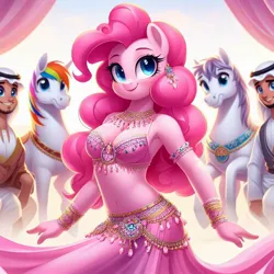 Size: 1024x1024 | Tagged: safe, ai content, derpibooru import, machine learning generated, prompter:princessoflovepinkyt, pinkie pie, bare shoulders, belly dancer, belly dancer outfit, image, jpeg, sleeveless