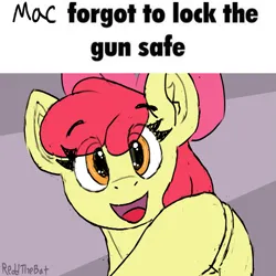 Size: 1539x1542 | Tagged: safe, artist:reddthebat, derpibooru import, apple bloom, earth pony, pony, eye clipping through hair, eyebrows, eyebrows visible through hair, female, filly, foal, hooves together, image, implied big macintosh, looking at you, meme, open mouth, open smile, png, ponified meme, smiling, smiling at you, solo, text, this will end in death, this will end in tears, this will end in tears and/or death