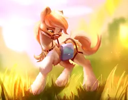 Size: 2867x2245 | Tagged: safe, artist:itssim, derpibooru import, oc, unofficial characters only, earth pony, pony, bag, bridle, commission, earth pony oc, female, fluffy, grass, harness, high res, image, jpeg, mare, mouth hold, outdoors, raised hoof, saddle bag, solo, tack