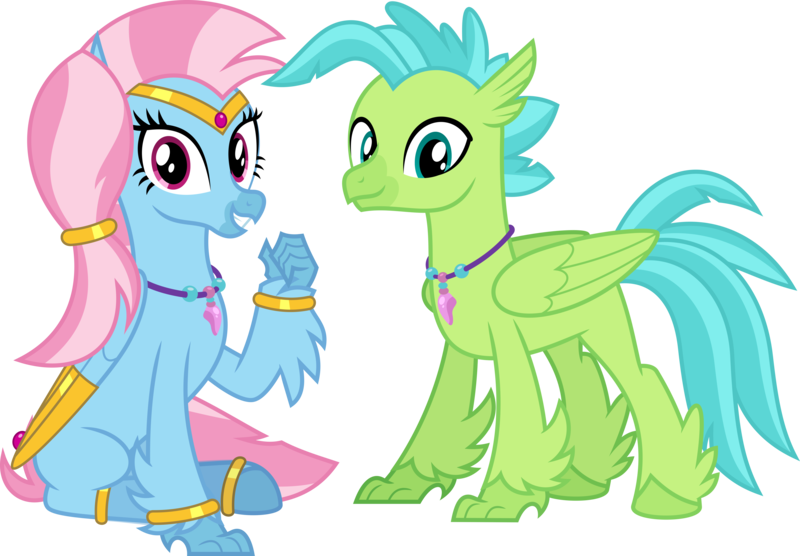 Size: 5757x4000 | Tagged: safe, artist:parclytaxel, derpibooru import, oc, oc:bottlegriff, oc:wishgriff, unofficial characters only, classical hippogriff, genie, hippogriff, derpibooru community collaboration, .svg available, 2024 community collab, absurd resolution, bracelet, circlet, clothes, duo, female, grin, image, jewelry, leggings, looking at you, male, not silverstream, not terramar, png, simple background, sitting, smiling, thumbs up, transparent background, vector, wing jewelry, wings
