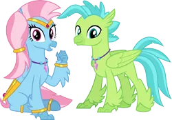 Size: 5757x4000 | Tagged: safe, artist:parclytaxel, derpibooru import, oc, oc:bottlegriff, oc:wishgriff, unofficial characters only, classical hippogriff, genie, hippogriff, derpibooru community collaboration, .svg available, 2024 community collab, absurd resolution, bracelet, circlet, clothes, duo, female, grin, image, jewelry, leggings, looking at you, male, not silverstream, not terramar, png, simple background, sitting, smiling, thumbs up, transparent background, vector, wing jewelry, wings