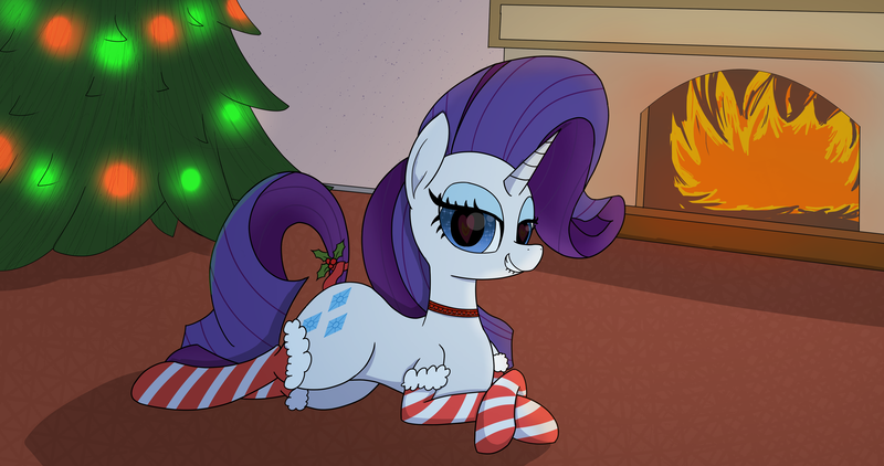 Size: 4096x2160 | Tagged: safe, artist:suryfromheaven, derpibooru import, rarity, pony, unicorn, chimney, christmas, christmas lights, christmas stocking, christmas tree, clothes, fire, fireplace, g4, holiday, image, looking at you, mistletoe, on the floor, png, resting, socks, solo, stockings, striped socks, thigh highs, tree