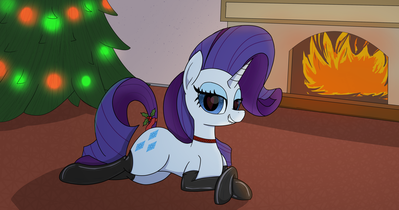 Size: 4096x2160 | Tagged: safe, artist:suryfromheaven, derpibooru import, rarity, pony, unicorn, chimney, christmas, christmas lights, christmas tree, clothes, fire, fireplace, gloves, holiday, image, latex, latex boots, latex gloves, latex socks, looking at you, mistletoe, on the floor, png, resting, socks, solo, tree