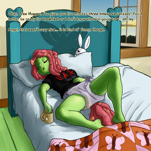 Size: 5000x5000 | Tagged: questionable, artist:smudge proof, derpibooru import, angel bunny, tree hugger, anthro, earth pony, plantigrade anthro, rabbit, adult diaper, animal, bed, bedrom, bedroom, blanket, breasts, clothes, covers, cup, dialogue, diaper, diaper fetish, diaper slave, diaper training, diapered, feet, female, fetish, flutterhuggies, fluttershy's cottage, fluttershy's cottage (interior), food, g4, hiding, image, implied bedwetting, implied fluttershy, morning, non-baby in diaper, offscreen character, oh my, parody, peeing in diaper, pillow, png, shirt, sleeping, smiling, steam, t-shirt, tea, teabag, teacup, unaware, unpotty training, urine, used diaper, warm water prank, wet diaper, window