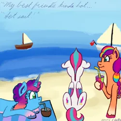 Size: 1280x1280 | Tagged: safe, artist:gosupermarinespitfire, derpibooru import, sunny starscout, zipp storm, earth pony, pegasus, pony, unicorn, g5, beach, boat, butt, drink, female, image, implied dawnstorm, implied lesbian, implied shipping, mare, misty brightdawn, ocean, outdoors, png, smoothie, trio, water