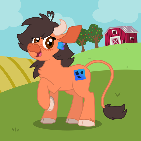 Size: 1500x1500 | Tagged: safe, artist:rgbovine_art, derpibooru import, oc, oc:robertapuddin, cow, barn, cowberta, cowified, crops, cute, farm, happy, image, png, species swap, transformation, tree