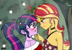 Size: 2457x1705 | Tagged: safe, artist:banquo0, derpibooru import, sci-twi, sunset shimmer, twilight sparkle, human, equestria girls, blushing, choker, clothes, dress, duo, female, glasses, hand on chin, holly, holly mistaken for mistletoe, image, imminent kissing, lesbian, lidded eyes, looking at each other, looking at someone, mistletoe, png, ponytail, ship:sci-twishimmer, shipping, sidemouth, sunsetsparkle