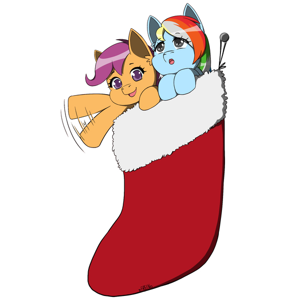 Size: 2000x2000 | Tagged: safe, artist:erein, derpibooru import, scootaloo, oc, oc:azure, pegasus, pony, christmas, christmas presents, christmas stocking, colored, commission, cute, duo, ears up, female, flat colors, g4, gray eyes, happy, holiday, image, jpeg, multicolored hair, parents:canon x oc, pegasus oc, present, simple background, smiling, white background, wings