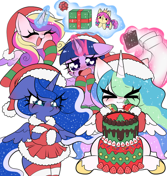 Size: 4000x4198 | Tagged: safe, artist:arwencuack, derpibooru import, princess cadance, princess celestia, princess luna, twilight sparkle, twilight sparkle (alicorn), alicorn, pony, :3, alicorn tetrarchy, angry, blushing, cake, cakelestia, christmas, christmas stocking, clipboard, clothes, commission, costume, crossed arms, crossed hooves, cute, cute little fangs, cutedance, cutelestia, dress, ear fluff, eye clipping through hair, eyebrows, eyebrows visible through hair, eyes closed, fangs, female, floppy ears, food, g4, group, happy, hat, heart, heart eyes, holiday, image, laughing, levitation, luna is not amused, lunabetes, madorable, magic, mare, png, quartet, santa costume, santa hat, scroll, skirt, socks, spread wings, striped socks, teary eyes, telekinesis, twiabetes, unamused, wingding eyes, wings