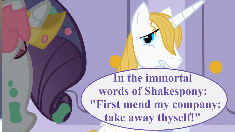 Size: 1280x720 | Tagged: safe, derpibooru import, edit, edited screencap, editor:korora, screencap, prince blueblood, rarity, the best night ever, grand galloping gala, image, jewelry, png, rarity is not amused, speech bubble, talking, tiara, timon of athens, unamused, william shakespeare