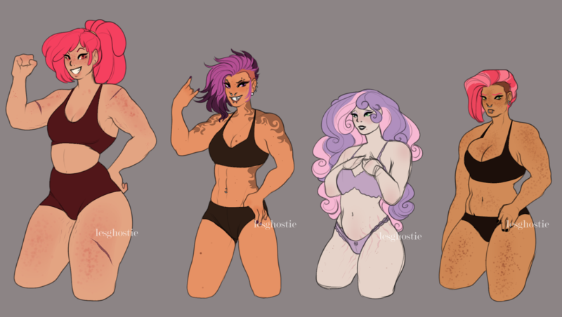 Size: 2229x1260 | Tagged: suggestive, artist:lesghostie, derpibooru import, apple bloom, babs seed, scootaloo, sweetie belle, human, belly button, bicep flex, body freckles, boob freckles, bra, breasts, busty apple bloom, busty babs seed, busty cmc, busty scootaloo, busty sweetie belle, chest freckles, cleavage, clothes, cutie mark crusaders, ear piercing, earring, eyebrow piercing, female, females only, freckles, gray background, hand on hip, height difference, humanized, image, jewelry, light skin, lip piercing, nose piercing, nose ring, older, older apple bloom, older babs seed, older cmc, older scootaloo, older sweetie belle, panties, piercing, png, scar, shoulder freckles, simple background, snake bites, tan skin, tattoo, underwear