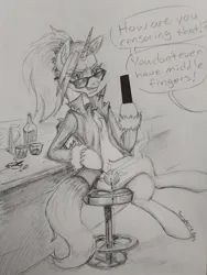 Size: 1536x2048 | Tagged: safe, artist:twigpaste, derpibooru import, oc, oc:dyx, unofficial characters only, alicorn, pony, alicorn oc, bar, bar stool, censor bar, censored, cigarette, crossed legs, dialogue, female, grayscale, grin, hoof hold, horn, image, implied middle finger, jpeg, leaning, looking at you, magnetic hooves, mare, monochrome, offscreen character, older, older dyx, pencil drawing, smiling, solo, speech bubble, sunglasses, traditional art, wings