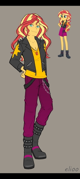 Size: 720x1600 | Tagged: safe, artist:elioo, color edit, derpibooru import, edit, sunset shimmer, equestria girls, boots, clothes, clothing redesign, colored, gray background, image, jacket, jpeg, redesign, shoes, simple background, solo