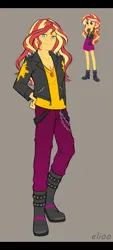 Size: 720x1600 | Tagged: safe, artist:elioo, color edit, derpibooru import, edit, sunset shimmer, equestria girls, boots, clothes, clothing redesign, colored, gray background, image, jacket, jpeg, redesign, shoes, simple background, solo