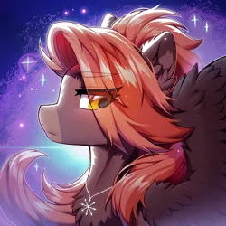 Size: 1500x1500 | Tagged: safe, artist:swaybat, derpibooru import, oc, oc:kometka, unofficial characters only, pegasus, amulet, bust, chaos star, eye clipping through hair, female, image, jewelry, pegasus oc, png, portrait, solo, solo female, wings