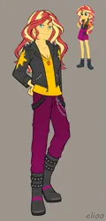 Size: 721x1498 | Tagged: safe, artist:elioo, color edit, derpibooru import, edit, sunset shimmer, equestria girls, boots, clothes, clothing redesign, colored, gray background, image, jacket, png, redesign, shoes, simple background, solo