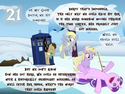 Size: 1032x774 | Tagged: safe, artist:bronybyexception, derpibooru import, derpy hooves, dinky hooves, doctor whooves, starlight glimmer, time turner, advent calendar, doctor who, image, imminent time paradox, jpeg, poking, snow, stick, swirly eyes, tardis, tree