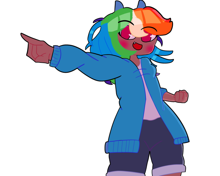 Size: 5000x4000 | Tagged: safe, artist:foxnoobb, derpibooru import, kotobukiya, rainbow dash, human, absurd resolution, clothes, dark skin, female, humanized, image, jacket, kotobukiya rainbow dash, open mouth, png, pointing, shorts, simple background, solo, white background