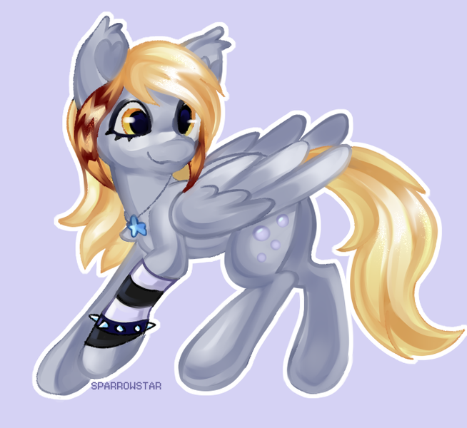 Size: 674x618 | Tagged: safe, artist:vtya, derpibooru import, derpy hooves, pegasus, pony, alternate hairstyle, blonde, blonde mane, blonde tail, cross-eyed, emo, eyelashes, eyeliner, feathered wings, female, folded wings, g4, gray coat, image, jewelry, makeup, necklace, pegasus wings, png, purple background, simple background, sock, solo, stars, studded bracelet, tail, wings