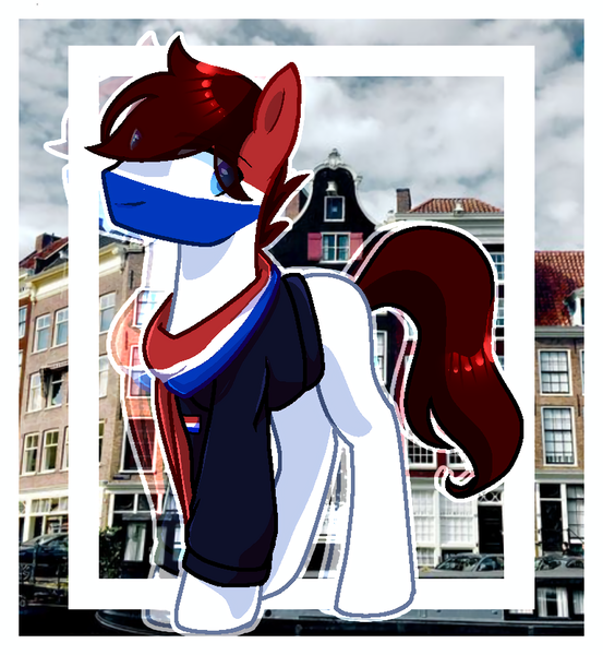 Size: 1536x1666 | Tagged: safe, artist:diniarvegafinahar, derpibooru import, ponified, earth pony, pony, clothes, eye clipping through hair, image, male, nation ponies, netherlands, png, scarf, solo, stallion, sweater