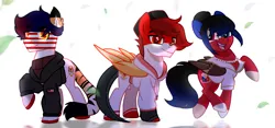 Size: 3594x1688 | Tagged: safe, artist:diniarvegafinahar, derpibooru import, ponified, big cat, hybrid, lizard, original species, pegasus, pony, tiger, bandage, blaze (coat marking), clothes, coat markings, colored wings, eye clipping through hair, facial markings, female, gradient tail, gradient wings, high res, image, indonesia, jacket, jewelry, leaves, looking at you, malaysia, male, mare, multicolored wings, nation ponies, necklace, open mouth, philippines, png, raised hoof, shirt, simple background, songkok, stallion, tail, teeth, tiger pony, trio, white background, wings