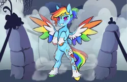 Size: 1350x870 | Tagged: safe, artist:tea--cupp, derpibooru import, rainbow dash, pegasus, pony, friendship is magic, alternate design, alternate hairstyle, bipedal, cloud coat pattern, colored wings, female, g4, grin, hooves, image, looking at you, mare, multicolored hooves, multicolored wings, png, rainbow wings, scene interpretation, smiling, smiling at you, solo, spread wings, twitterina design, unshorn fetlocks, wings