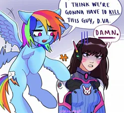 Size: 1959x1778 | Tagged: safe, artist:seraulody, derpibooru import, rainbow dash, human, pegasus, pony, crossover, d.va, dialogue, disappointed, female, flapping wings, flying, g4, hoof on shoulder, i think we're gonna have to kill this guy, image, jpeg, mare, meme, overwatch, wings