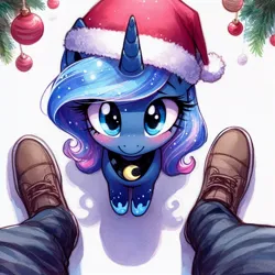 Size: 1024x1024 | Tagged: prompter needed, safe, ai content, derpibooru import, machine learning generated, princess luna, alicorn, human, pony, blushing, christmas, christmas ornament, christmas tree, clothes, cute, decoration, female, female focus, filly, filly luna, foal, g4, generator:dall-e 3, hat, holiday, hoof shoes, image, jpeg, legs, looking at you, looking up, looking up at you, lunabetes, offscreen character, offscreen human, pants, peytral, pov, santa hat, shoes, smiling, smiling at you, solo focus, tree, younger