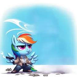 Size: 1024x1024 | Tagged: safe, ai content, derpibooru import, machine learning generated, prompter:*rainbow dash*, rainbow dash, anthro, clothes, generator:bing image creator, gun, image, money, png, rainbow dash is best facemaker, weapon