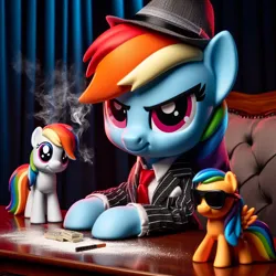 Size: 1024x1024 | Tagged: safe, ai content, derpibooru import, machine learning generated, prompter:*rainbow dash*, rainbow dash, chair, clothes, cocaine, desk, drugs, funko, generator:bing image creator, hat, image, money, png, scarface, scene interpretation, smoke, suit, toy