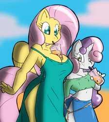 Size: 758x846 | Tagged: suggestive, artist:theburningdonut, derpibooru import, fluttershy, sweetie belle, anthro, pegasus, unicorn, belly button, big breasts, breasts, bubble tea, busty fluttershy, cleavage, clothes, dress, drink, drinking, drinking straw, female, flutterbelle, hands-free bubble tea challenge, image, jpeg, lesbian, midriff, panties, shipping, side slit, thong, underwear