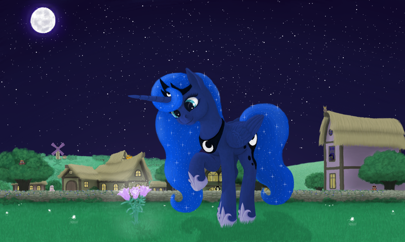 Size: 1596x955 | Tagged: safe, artist:xodok, derpibooru import, princess luna, alicorn, pony, series:ponyashnost, flower, house, image, jewelry, moon, night, png, smiling, stars, tree