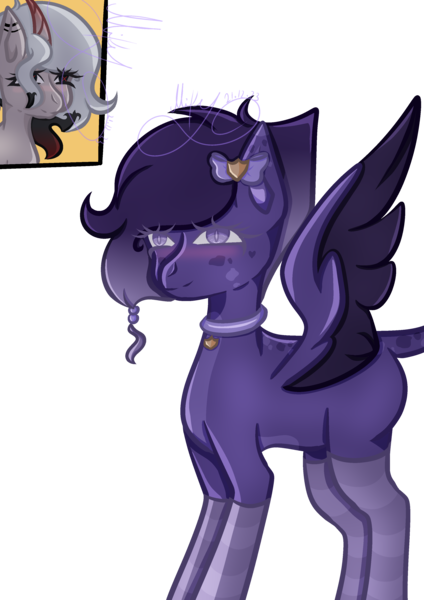 Size: 2480x3508 | Tagged: safe, artist:thecommandermiky, derpibooru import, unnamed character, oc, oc:miky command, unofficial characters only, pegasus, pony, unicorn, accessory, bow, bust, clothes, collar, female, full body, hair bow, image, mare, pegasus oc, png, purple eyes, purple hair, purple mane, short hair, short mane, simple background, socks, spots, spread wings, transparent background, white mane, wings