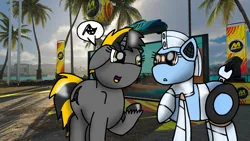 Size: 1192x670 | Tagged: safe, artist:foxfer64_yt, derpibooru import, oc, oc:kaia mahoe, oc:silverstream (robot pony), unofficial characters only, original species, pony, robot, robot pony, unicorn, wheelpone, beach, day, daytime, floppy ears, hawaii, image, jpeg, palm tree, photo, porsche, race, raised hoof, tree, tropical, tropical ponies