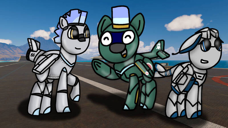 Size: 1192x670 | Tagged: safe, artist:foxfer64_yt, derpibooru import, oc, oc:blitzwing, oc:xn36 needle, unofficial characters only, original species, plane pony, pony, cargo ship, day, floppy ears, happy, hawaii, image, island, jet, jpeg, looking at someone, looking at you, looking up, ocean, photo, plane, shipping, smiling, trio, water, waving, waving at you