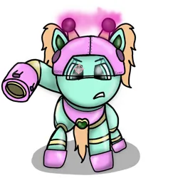 Size: 894x894 | Tagged: safe, artist:foxfer64_yt, derpibooru import, oc, oc:goldheart, unofficial characters only, pony, robot, robot pony, battle suit, female, fight, hero, image, jpeg, photo, pose, simple background, solo, solo female, weapon, white background