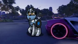 Size: 1192x670 | Tagged: safe, artist:foxfer64_yt, derpibooru import, oc, oc:silverstream (robot pony), unofficial characters only, pony, robot, robot pony, amazed, car, city, image, jpeg, looking at something, neon, night, park, parking lot, photo, raised hoof, skyscraper, solo, tree