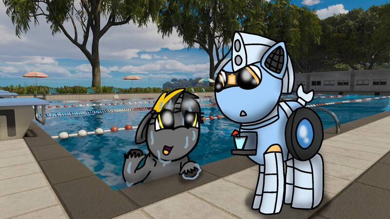 Size: 1192x670 | Tagged: safe, artist:foxfer64_yt, derpibooru import, oc, oc:kaia mahoe, oc:silverstream (robot pony), unofficial characters only, original species, pony, robot, robot pony, unicorn, wheelpone, asking, drink, floppy ears, hotel, image, jpeg, looking at each other, looking at someone, looking up, photo, swimming, swimming pool, tree
