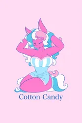 Size: 1365x2048 | Tagged: safe, artist:mscolorsplash, derpibooru import, cotton candy (g3), anthro, earth pony, pony, g3, arm behind head, armpits, big breasts, breasts, busty cotton candy (g3), cleavage, clothes, dress, eyes closed, female, image, kneeling, mare, name, pink background, png, simple background, solo, wide hips