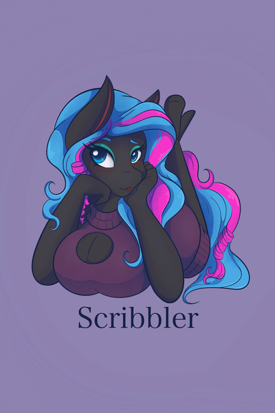 Size: 1365x2048 | Tagged: safe, artist:mscolorsplash, derpibooru import, oc, oc:obabscribbler, unofficial characters only, anthro, earth pony, unguligrade anthro, big breasts, boob window, breasts, cleavage, eyeshadow, female, image, lying down, makeup, name, png, prone, purple background, simple background, solo, sweater dress, the pose
