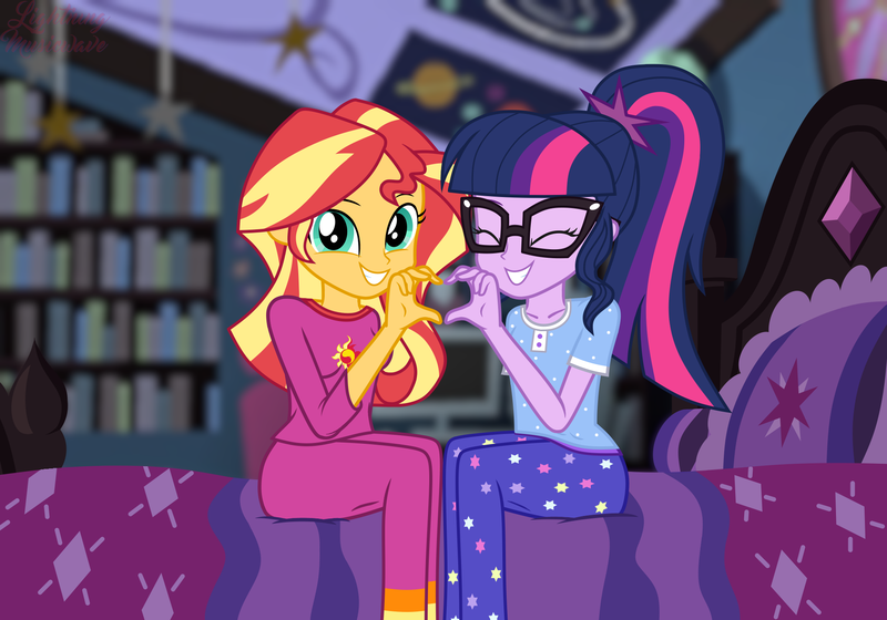 Size: 2000x1400 | Tagged: safe, alternate version, artist:lightning_musicwave_safe, derpibooru import, sci-twi, sunset shimmer, twilight sparkle, equestria girls, clothes, cute, female, glasses, heart hands, image, implied lesbian, implied scitwishimmer, implied shipping, pajamas, png