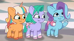 Size: 2160x1215 | Tagged: safe, derpibooru import, screencap, earth pony, pegasus, pony, unicorn, g5, my little pony: tell your tale, spoiler:g5, spoiler:my little pony: tell your tale, spoiler:tyts01e70, animation error, bow, cute, female, filly, foal, glory (g5), glorydorable, image, jpeg, peach fizz, peachsweet, pippsqueak trio, pippsqueaks, seashell (g5), shellabetes, smiling, snow business like show business, tail, tail bow, trio