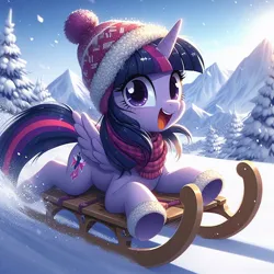Size: 1024x1024 | Tagged: prompter needed, safe, ai content, derpibooru import, machine learning generated, twilight sparkle, twilight sparkle (alicorn), alicorn, pony, clothes, cute, female, g4, generator:dall-e 3, hat, image, jpeg, looking at you, lying down, mare, mountain, mountain range, open mouth, outdoors, prone, scarf, sky, sled, sledding, smiling, smiling at you, snow, solo, tree, twiabetes, winter, winter hat